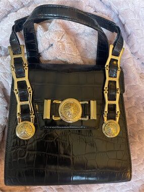 Gianni Versace Medusa Structured Handbag in Black Crocodile Leather
